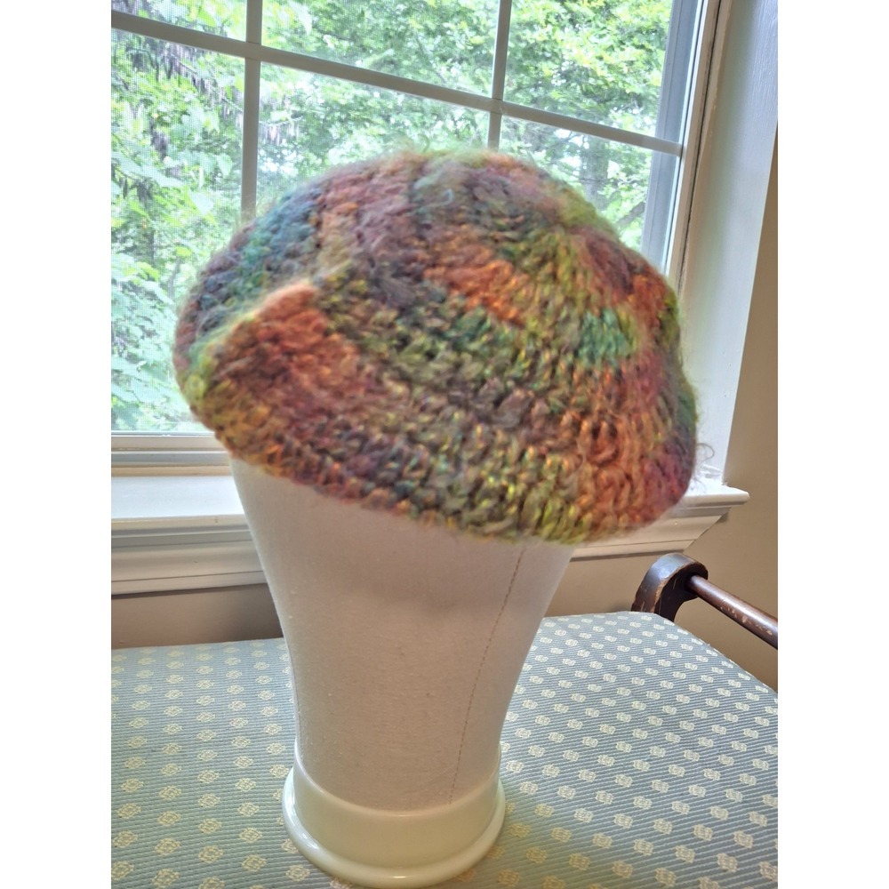 Vintage Rainbow Hand Knit Wool Colorful Beret Hat Fall Boho Colorful Crochet